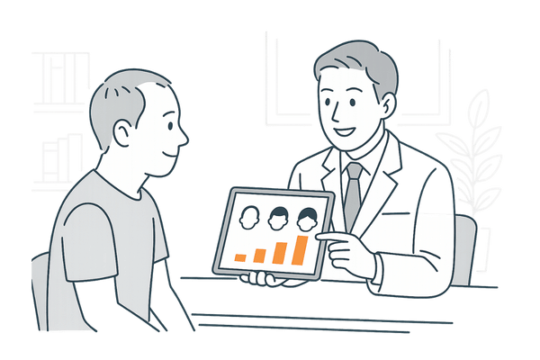 ミノキシジル濃度別の発毛効果を医師と確認するAGA男性のイメージ