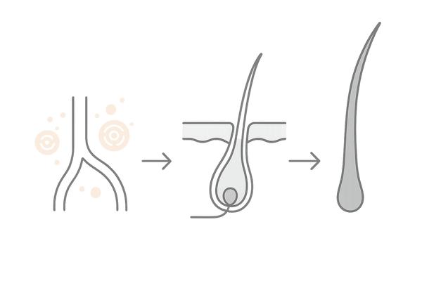 ミノキシジルの発毛メカニズム（血管拡張と毛包活性の図解）