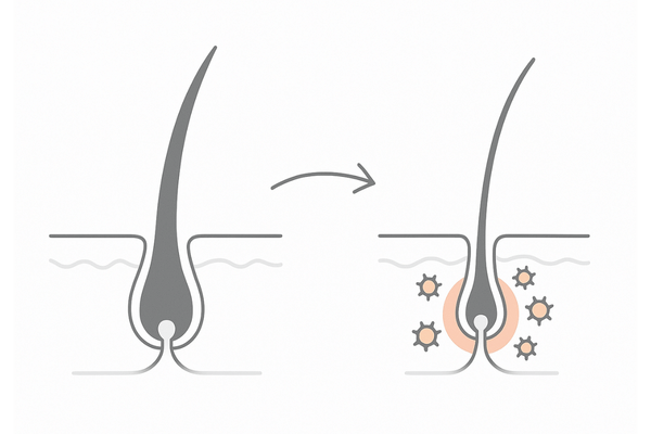 円形脱毛症の原因と毛包への自己免疫攻撃のイメージ図