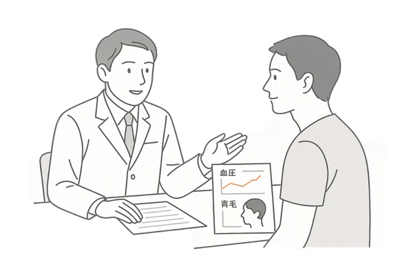 ミノキシジルと血圧についてAGAクリニックで相談する男性のイラスト