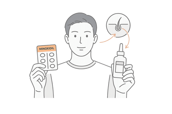 ミノキシジルの作用と内服薬・外用薬の違いをイメージした図解（AGA治療と飲み合わせ注意の解説用