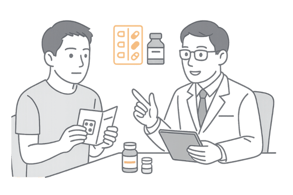 AGAクリニックでミノキシジルと併用薬の飲み合わせを相談する男性のイメージ