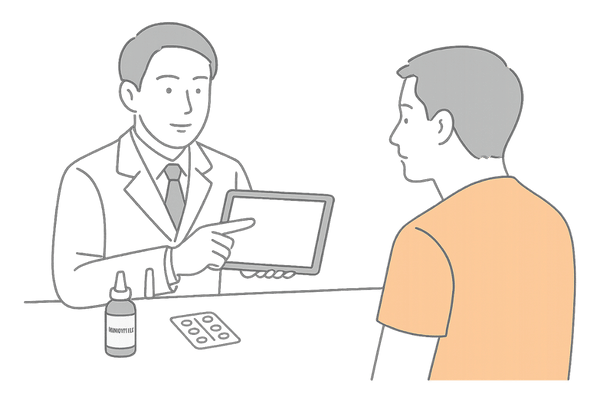 AGAクリニックで副作用や服用状況をチェックしている場面のイラスト