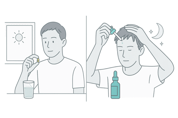 ミノキシジル外用+デュタステリド内服を1日で使い分ける男性のイメージ