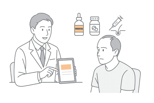 M字型脱毛に対するミノキシジルと併用療法を相談する男性と医師のイラスト