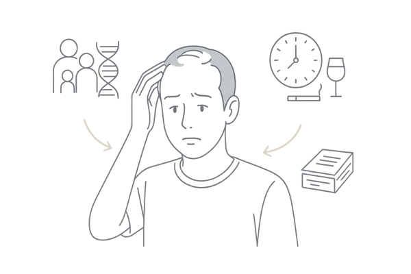 AGAの進行と生活習慣要因をイメージで解説する男性のイラスト