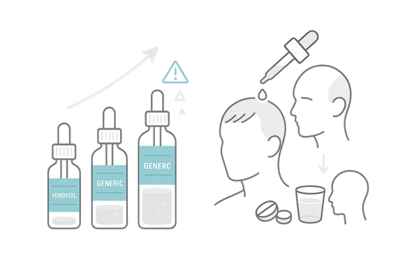 ミノキシジルジェネリックの濃度別特徴と塗布タイプ・内服タイプを整理したイメージ図
