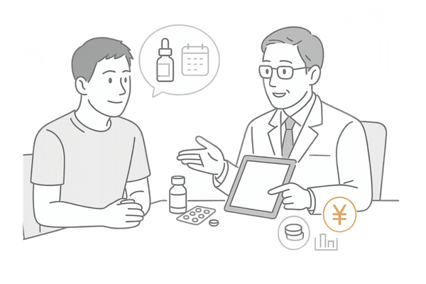 AGAクリニックでミノキシジルジェネリックの治療内容と費用を医師に相談する場面イラスト