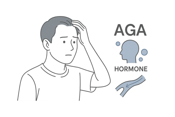 AGAとホルモン・血行の関係をイメージで説明するミノキシジル発毛剤の図解