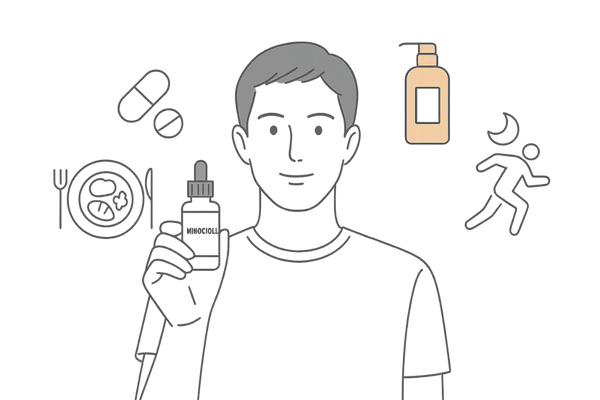 ミノキシジル発毛剤と併用治療・生活習慣改善を組み合わせたAGA対策イメージ