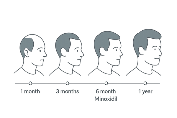 ミノキシジル発毛剤の効果が出るまでの期間を示す1か月〜1年の経過イメージ