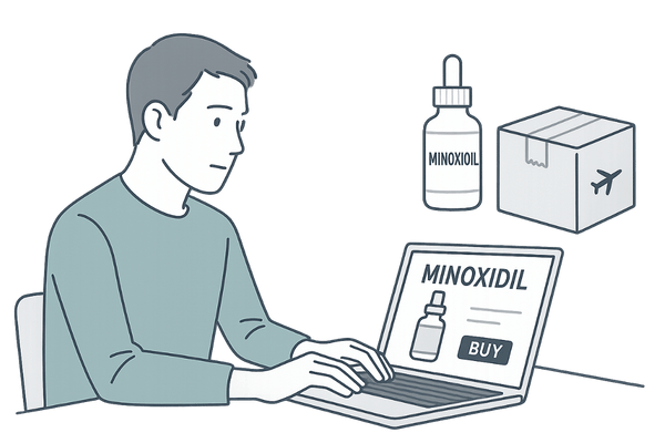 ミノキシジル個人輸入と国内購入の違いを確認する男性のイラスト