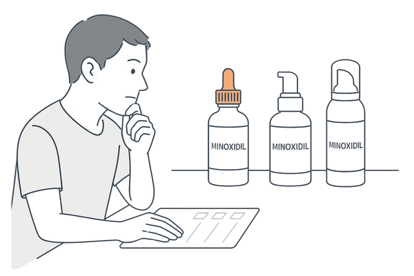 ミノキシジルの濃度や剤形（液状・泡）を見比べて選ぶ男性のイラスト