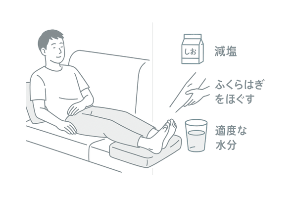 ミノキシジル内服によるむくみ対策イメージ（足を高くする・減塩・軽い運動）