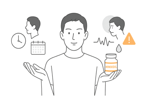 ミノキシジルサプリ内服治療のメリットとデメリットを比較する男性のイラスト