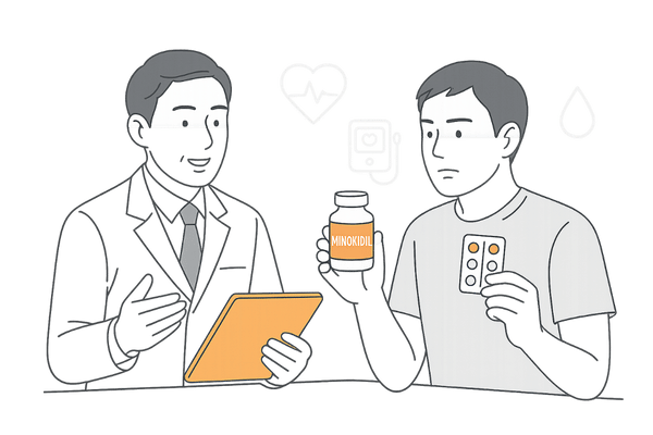 ミノキシジルサプリ服用時に医師へ相談する男性のイラスト（持病や併用薬のチェック）