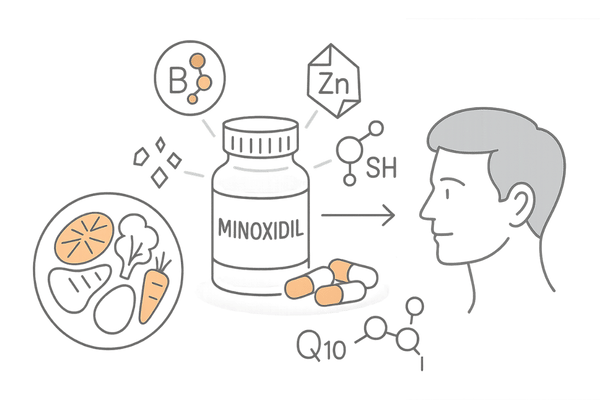 ミノキシジルサプリの成分と栄養バランスイメージ（ビタミン・亜鉛・タンパク質）