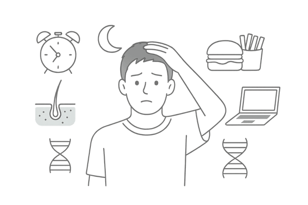 抜け毛を増やす生活習慣やストレス・頭皮トラブル・遺伝要因のイメージ図