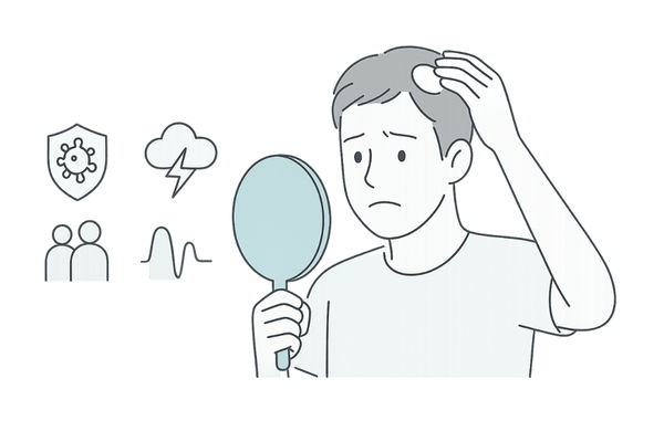 円形脱毛症の原因と症状イメージ（自己免疫・ストレス・遺伝など複合要因）