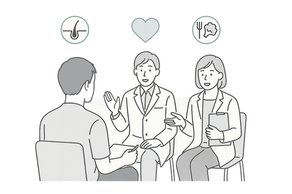 複数の専門科が連携して円形脱毛症の治療に取り組むイメージ