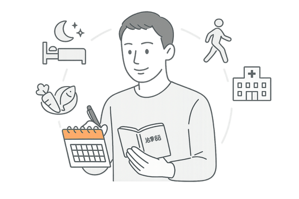 生活習慣の見直しと長期的な治療継続で円形脱毛症と向き合う男性のイラスト