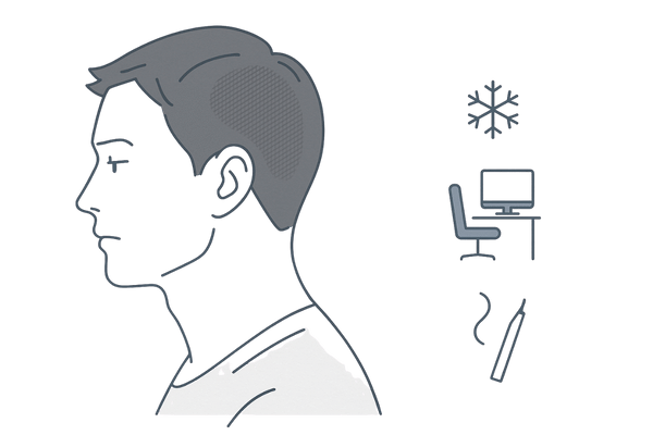 頭皮の血行が滞る主な原因と硬くなった頭皮のイメージ