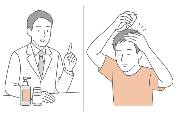 AGA治療と頭皮の血行ケアを併用するイメージ（医師の説明と自宅ケアの両立）