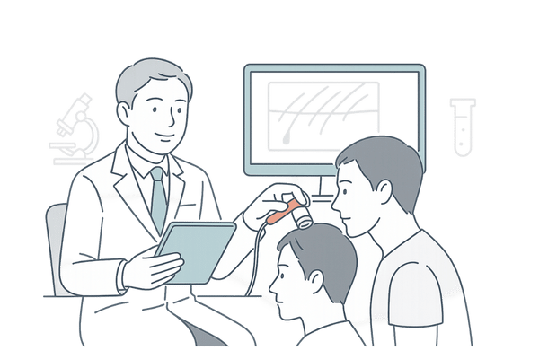 頭皮の痒みを皮膚科で検査する場面｜問診と頭皮チェックのイラスト