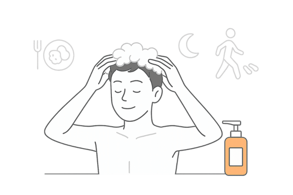 頭皮の痒みを改善する生活習慣とシャンプーケアのイラスト