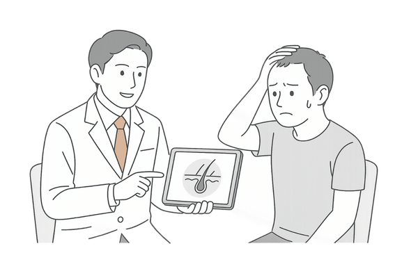 頭皮の臭いと薄毛に悩む男性がAGAクリニックで相談する様子