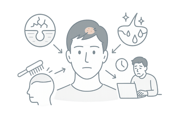 頭皮のかさぶたを招く乾燥・皮脂・ストレス・AGAなど複数原因のイメージ図