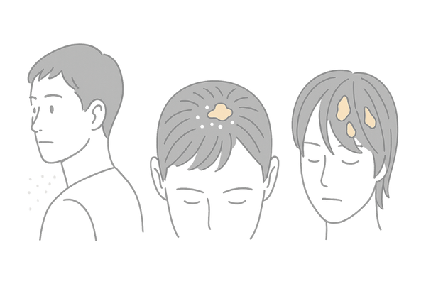 頭皮のかさぶたと乾性フケ・脂性フケの違いを示すイメージ図