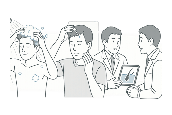 頭皮のかさぶた対策としての正しい洗髪・保湿・医療相談のイメージ図