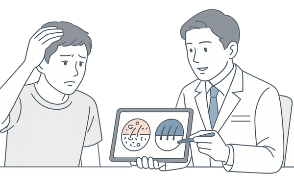 頭皮のかさぶたやフケを専門医に相談する診察シーンと治療方針のイメージ