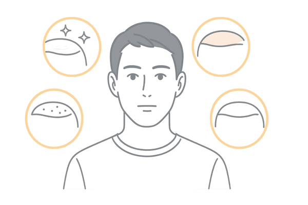 頭皮タイプ別に異なる皮脂バランスとケアポイントを示す男性の頭皮イメージイラスト