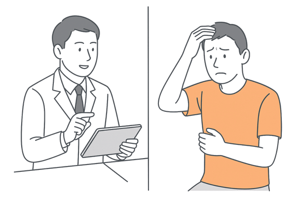頭皮の痛みを相談する男性と診察する医師のイメージ（AGA・皮膚科受診）