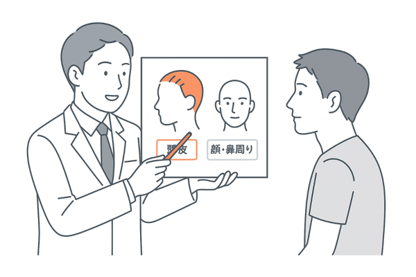 頭皮と顔で異なる脂漏性皮膚炎の発症部位を医師が説明するシーン