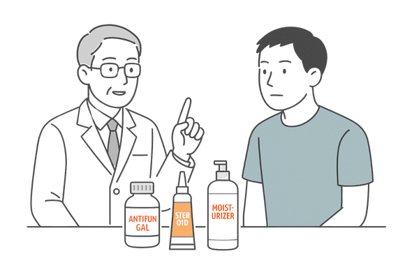 脂漏性皮膚炎で使われる治療薬(抗真菌薬・抗炎症薬・保湿剤)の説明イメージ