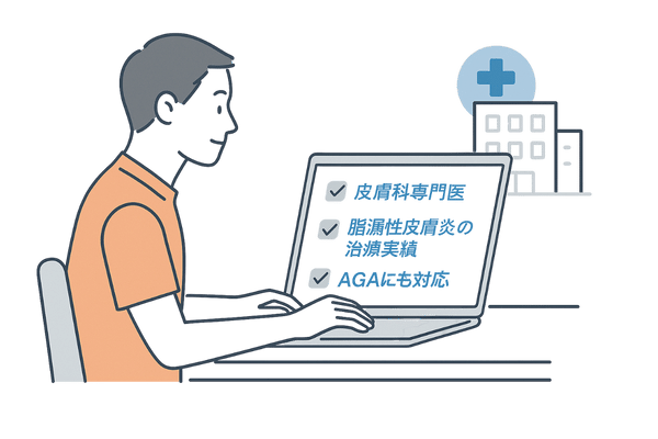 脂漏性皮膚炎に対応できる皮膚科・AGA対応クリニックを比較検討する男性のイメージ