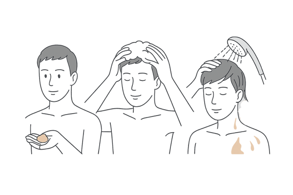 正しいシャンプーのやり方（泡立て・頭皮マッサージ・すすぎ）の手順イラスト