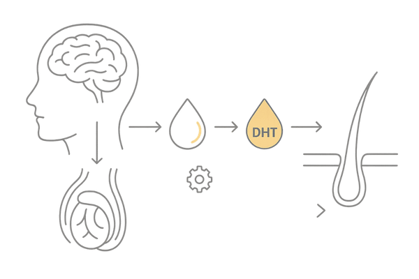 脳下垂体と精巣によるテストステロン分泌とDHT変換が毛包に作用するメカニズム図