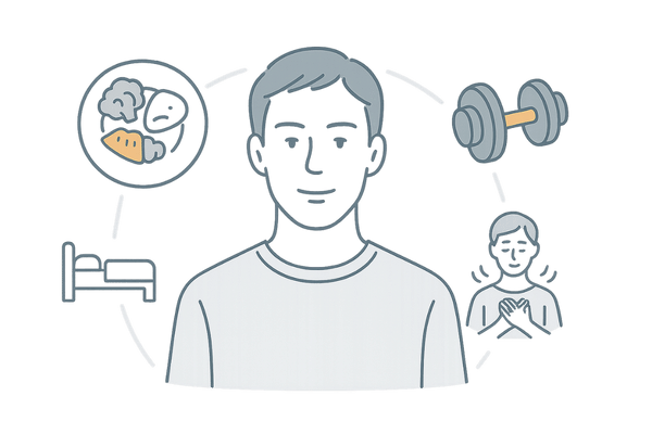 食事・運動・睡眠・ストレス管理でテストステロンとホルモンバランスを整える生活習慣イラスト