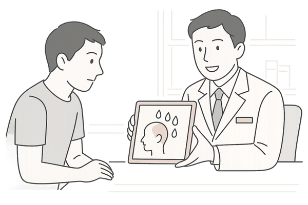 AGAクリニックでテストステロンやDHTについて医師に相談する男性のカウンセリングイラスト