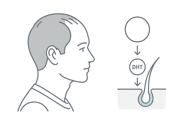 AGAとテストステロン・DHTの関係を図解した男性の頭部イメージ