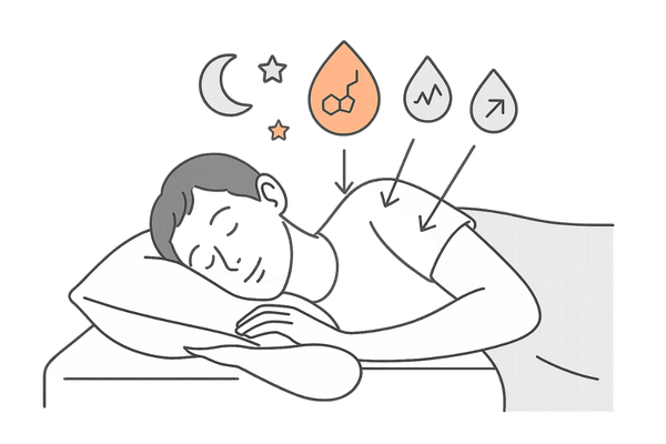 睡眠とメラトニン・成長ホルモン・テストステロン分泌の関係を示す男性の睡眠イメージ