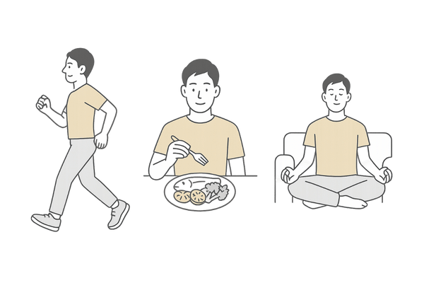 運動・食事・ストレスケアでテストステロンとAGA対策を行う男性の生活習慣イメージ