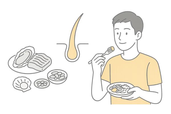 亜鉛を多く含む食品と髪の健康をイメージした薄毛対策イラスト