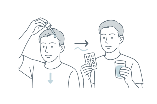 塗り薬と飲み薬の違いが一目でわかるAGA治療イラスト(ミノキシジル外用薬とフィナステリド内服薬)