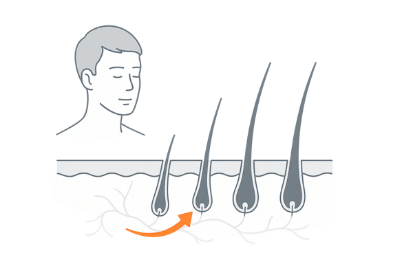 ミノキシジル外用薬の血行改善と発毛メカニズムを示す頭皮断面イラスト