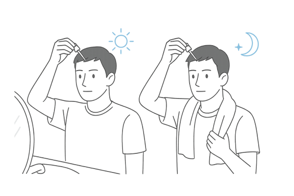 ミノキシジル外用薬の正しい塗布タイミング(朝と夜)を説明する日本人男性のイラスト